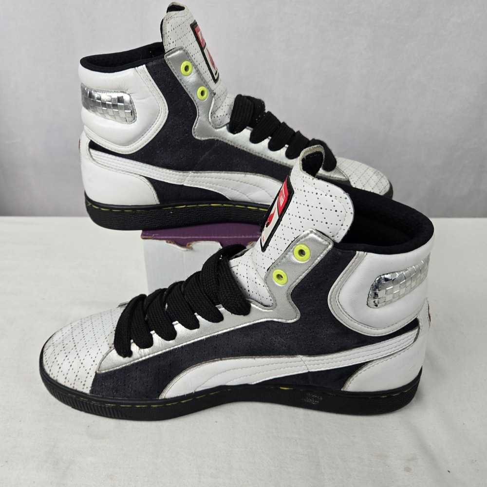 Puma Black and White High-Top Sneakers with Neon Yellow Eyelets - Picture 3 of 8
